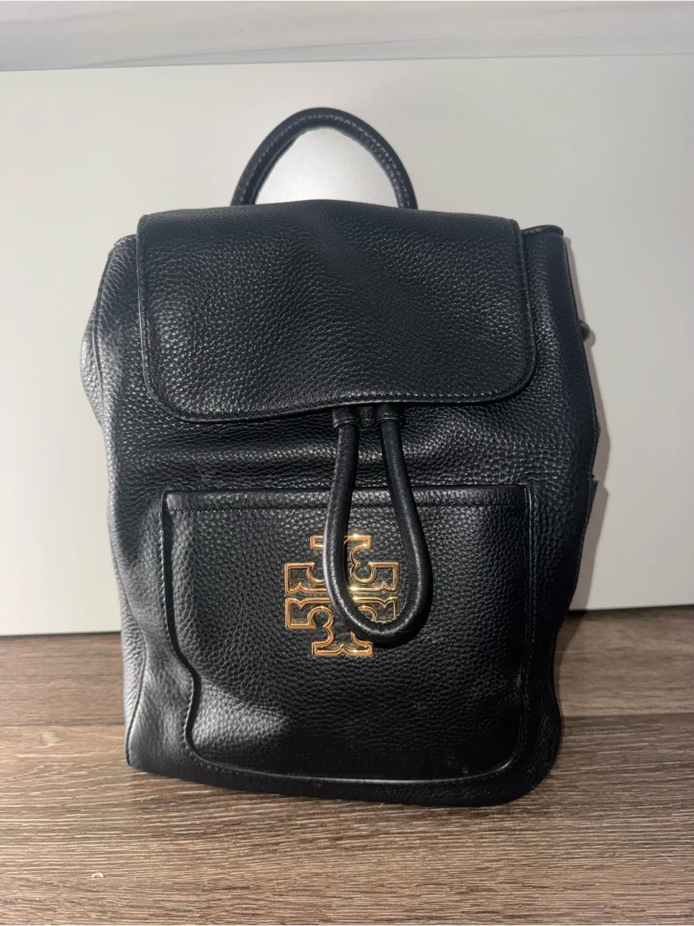 Black Leather Backpack with Gold Logo